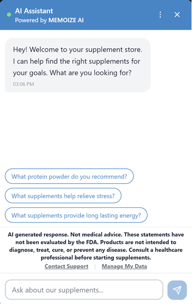 Memoize AI chat widget showing welcome message, suggestion chips, FDA disclaimer, and privacy controls