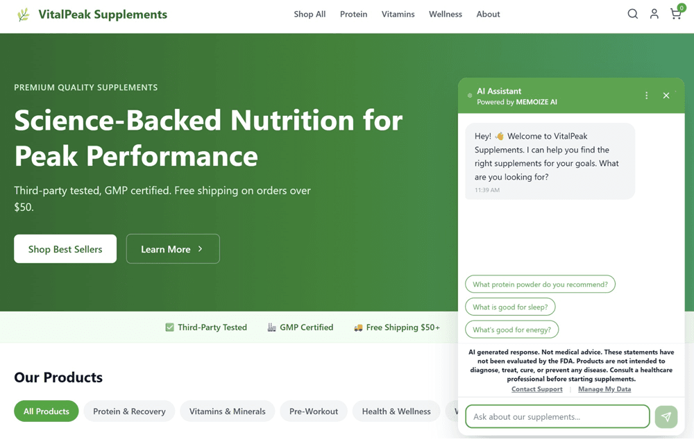 Memoize AI widget in context on a supplement storefront